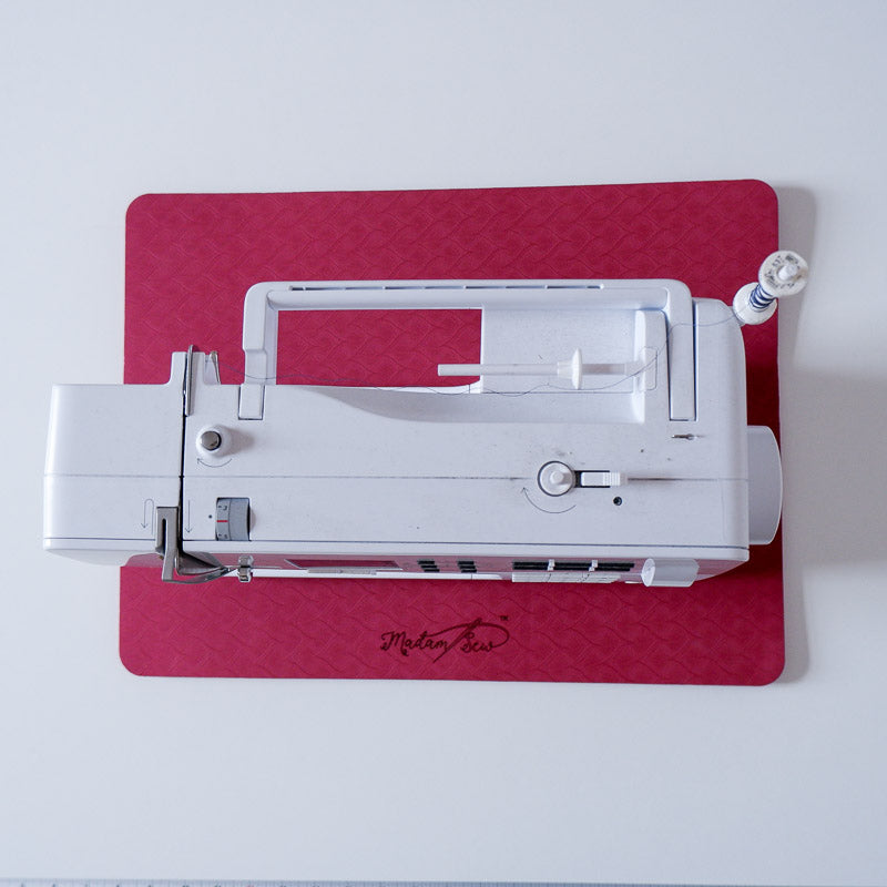 Top view of a Bernina on the MadamSew Sewing Machine Muffling Mat